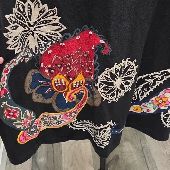 Desigual Black 100% Cotton Beaded Dress | V-Neck Embroidered Floral Art Mini - Picture 4 of 10